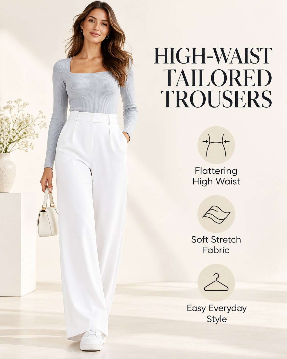 Women’s High-Waist Tailored Trousers – Straight Leg, Stretch & Elegant