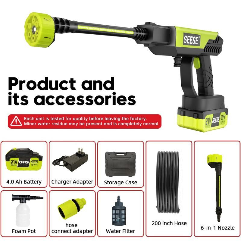 Cordless Pressure Washer – 1000 PSI, 6-in-1 Nozzle & 30-Min Runtime