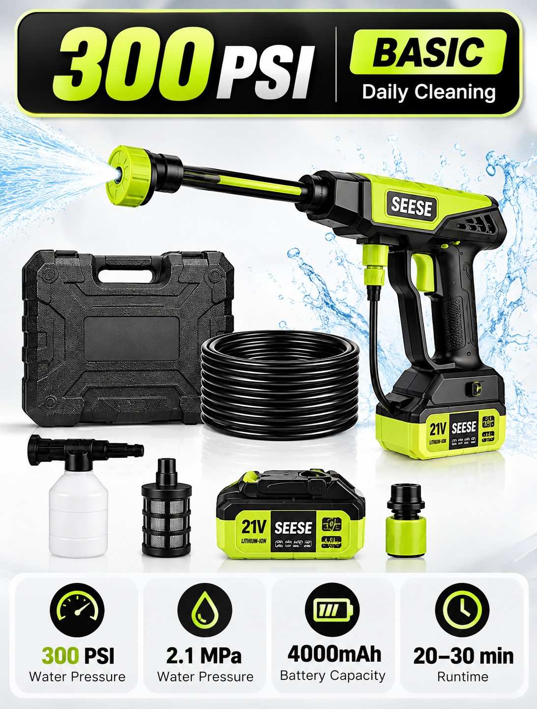 Cordless Pressure Washer – 1000 PSI, 6-in-1 Nozzle & 30-Min Runtime